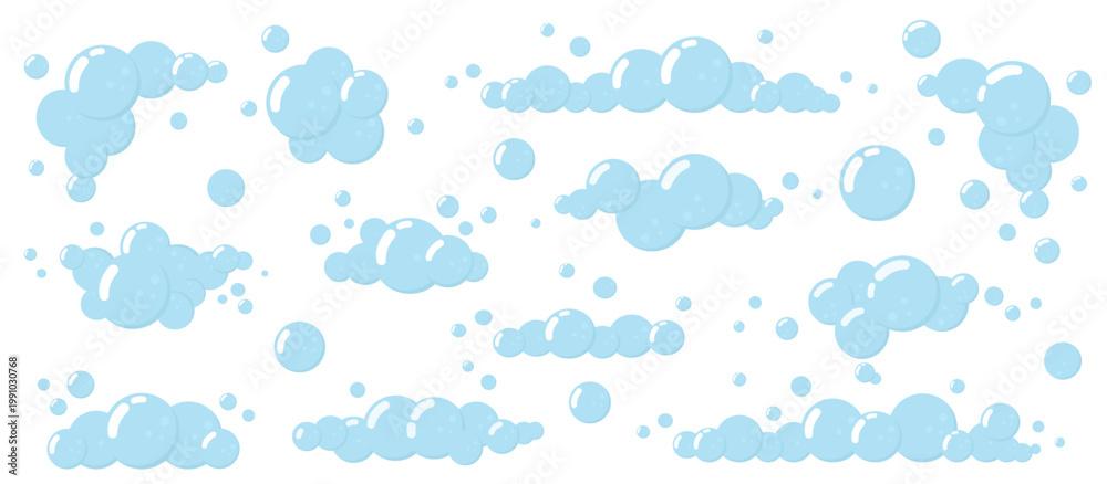 Fototapeta premium Set transparent soap bubbles isolated on white background. Oxygen, water bubbles. Blue round bubbles of different sizes: small, medium, large.