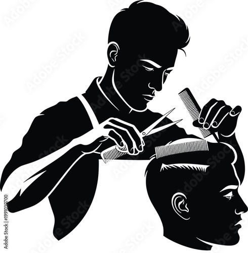 A barber giving a classic haircut with vintage styling tools Vector