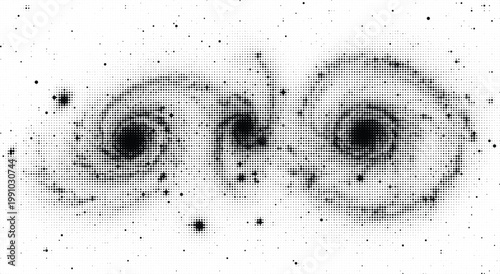 Abstract dark digital art of two spiral galaxies with dense dot pattern on transparent checkerboard futuristic space.