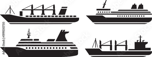 Collection of ship and boat silhouettes including cargo ships and cruise liners on transparent background for maritime.