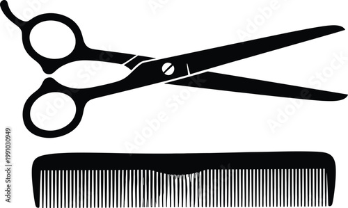 Black and white illustration of hairdressing tools including scissors and comb Vector