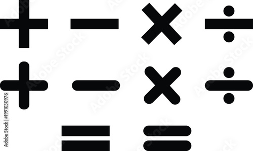 Mathematical operation symbols set on transparent background with plus minus multiply divide and equal icons for math.