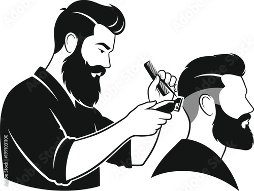 A barber giving a haircut to a customer using clippers on the side of the head Vector