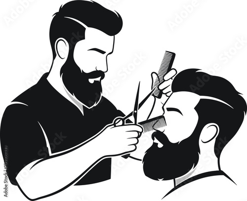 A barber giving a haircut to a bearded customer with precision tools Vector