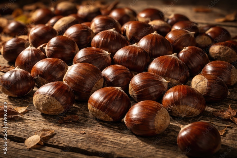 Obraz premium Generous display of whole sweet chestnuts arranged neatly on aged wooden surface