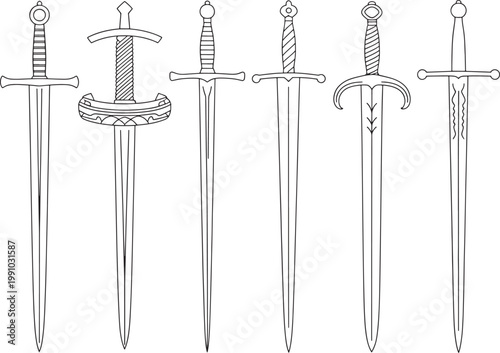 Collection of six medieval swords in line art vector illustration isolated on transparent background.