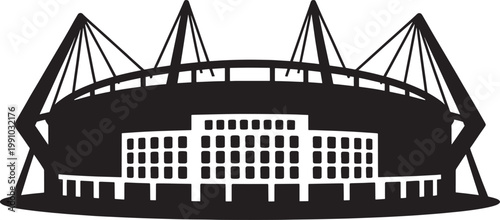 Modern sports stadium silhouette architecture with floodlights and entrance gates landmark building icon.