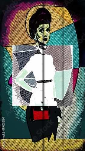 Colorful pop art depiction of a person with a unique contrasting hues and halftone patterns