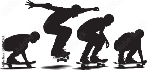 Four skateboarders in action, performing tricks and stunts, dynamic poses vector set.