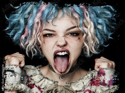rebellious punk woman screaming with colorful hair, bold makeup, and fierce expression in a dramatic alternative portrait