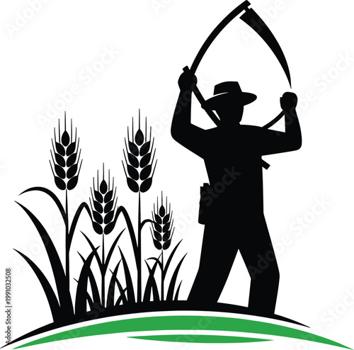 Harvester holding sheaves of wheat over a field of crops Vector