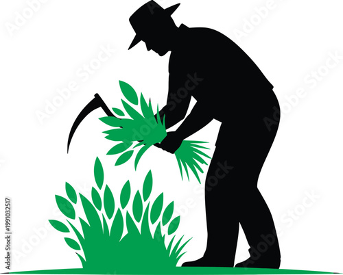 A gardener tending to green plants with a hoe Vector