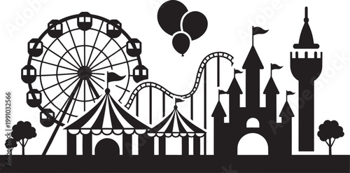 Amusement park silhouette with ferris wheel, roller coaster, castle and tents on transparent background.