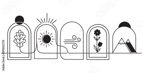 stylized line art representation of the four seasons earth cycles including autumn leaf summer sun wind flower spring and winter mountains under bell jars symbolizing nature's transitions