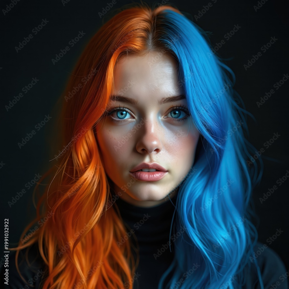 Fototapeta premium Young woman with split dyed hair orange and blue. She looks at camera with intense blue eyes and subtle smile on dark background. Her duality is striking.