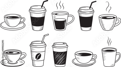 Coffee and tea cups set vector illustration of takeaway mugs and ceramic cups for beverage graphics.