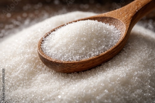 Detailed shot of a wooden spoon carrying dextrose granules on a sugar mound