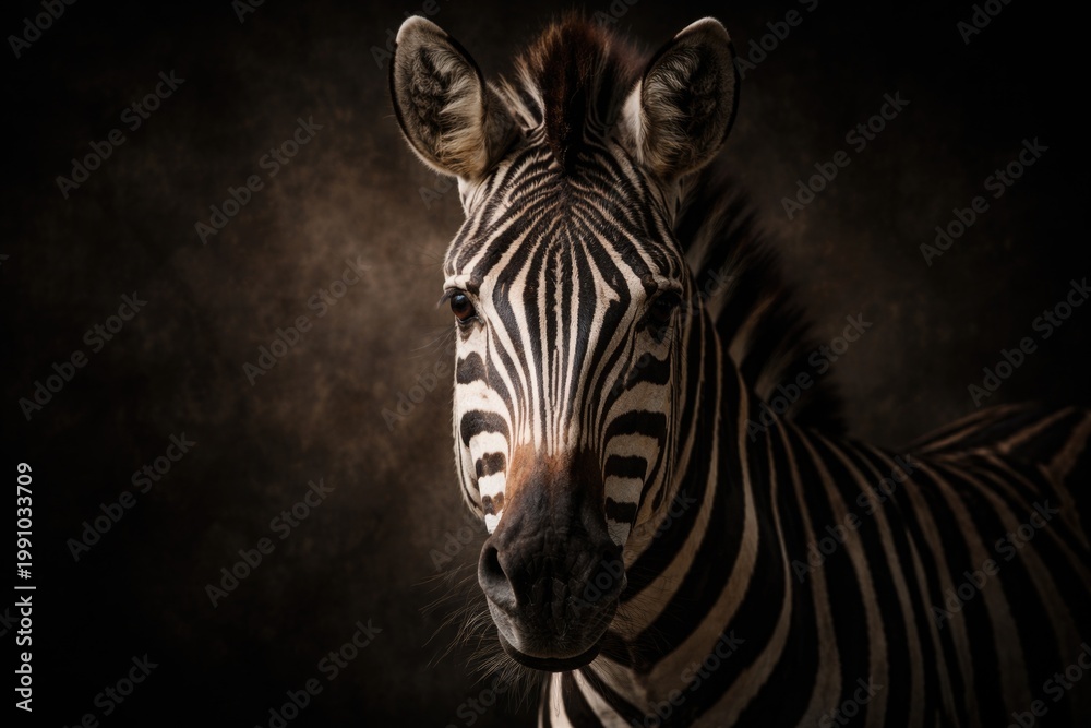 Fototapeta premium Zebras head on a dark textured backdrop with soft lighting