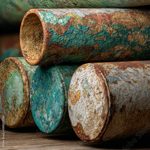 Multi-colored weathered pipes stacked on wood background showcasing earthy textures and vibrant patina