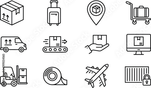 Logistics delivery icon set featuring package shipping warehouse tracking airplane forklift courier service supply chain outline vector collection for ecommerce distribution management