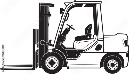 Forklift detailed illustration vector art isolated on transparent background warehouse logistics vehicle vector line drawing.