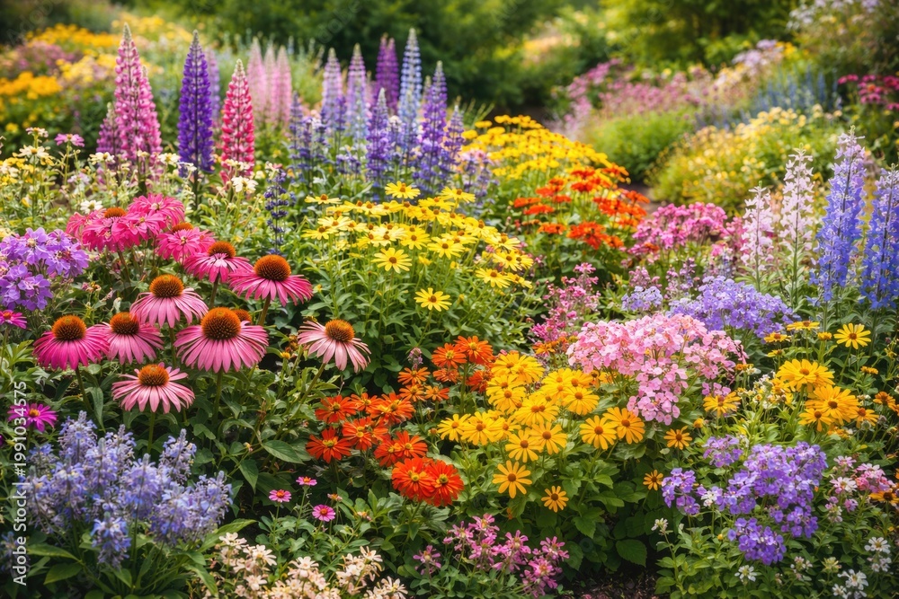 Obraz premium A colorful cluster of blooming perennial flowers featuring multiple shades