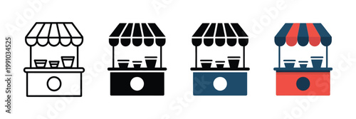 Street food stall icon set in outline and flat design styles
