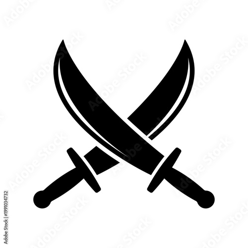Crossed sabers icon. Black silhouette. Front and side view. Vector simple flat graphic illustration. Isolated object on a white background.