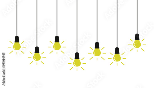 Hanging glowing light bulbs. Colored silhouette. Front and side view. Vector simple flat graphic illustration. Isolated object on a white background. Isolate.