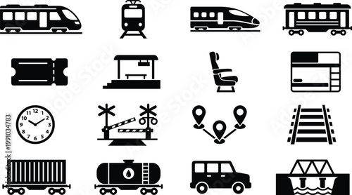 Railway transport icon set featuring train station ticket seat track cargo wagon map outline vector collection for public transit travel infrastructure design