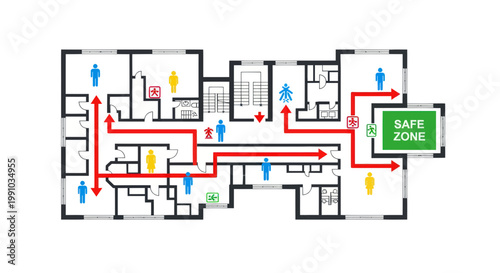 Emergency evacuation plan, safety route map, building layout, floor plan design