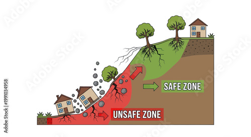 Landslide, soil erosion, slope failure, natural disaster, safety zone, vector illustration