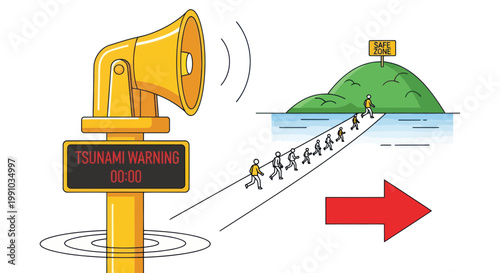 Tsunami warning, emergency evacuation, flood alert, disaster response