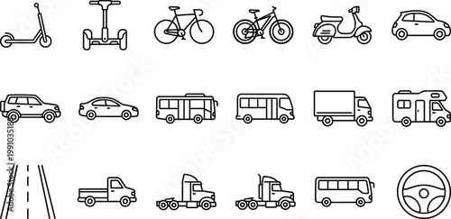 Transportation icons set featuring cars buses trucks scooters bicycles and road symbols outline vector collection for urban mobility travel logistics design elements