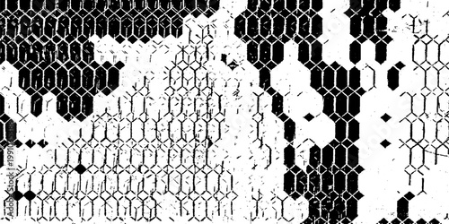 Monochrome texture composed of irregular graphic elements. Distressed uneven grunge background. Abstract vector illustration. Overlay for interesting effect and depth. Isolated on white background.