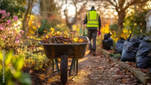 Wheelbarrow and bags are filled with fallen leaves. Leaf pile, pile of leaves. 