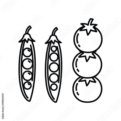 Linear outline vector set of fresh garden vegetables including pea pods and tomatoes for culinary and healthy diet infographic design elements on white background