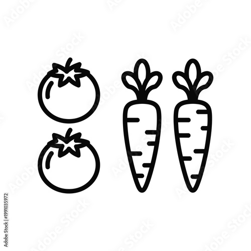 Linear outline vector icon set featuring round tomatoes and fresh carrots for healthy cooking and nutrition themed design projects on white background