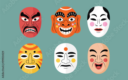 Ancient Korean Mask Elements Collection, Traditional Ethnic Asian Costume Set, Korean Tal Masks, Masquerade Festival Souvenirs, Cartoon Style Cultural Illustration Isolated on White Background