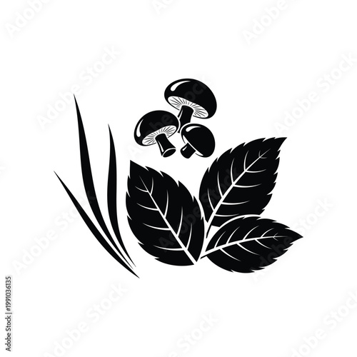 Detailed black silhouette icon of mushrooms with fresh leaves and grass blades isolated on white background for nature and food themes
