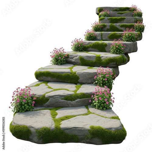 Stone steps with moss and flowers leading upwards in a garden