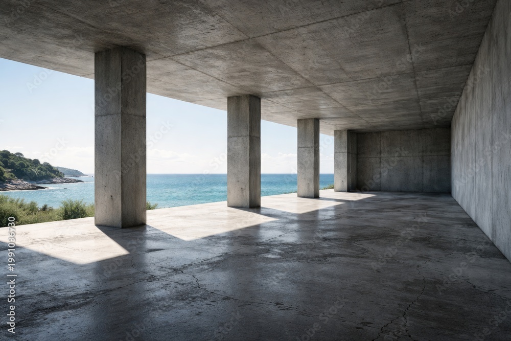 Fototapeta premium Spacious concrete interior with ocean vista, structural pillars, and uneven flooring