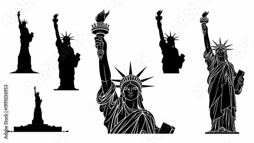 Konstfotografi Statue of Liberty Silhouette Set – New York Landmark Black Vector Collection