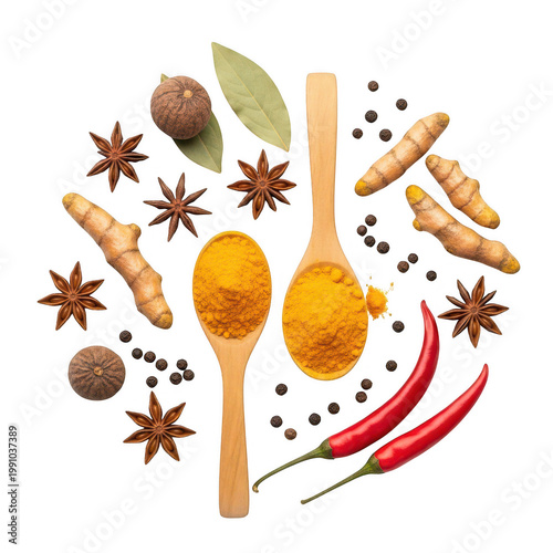 Assorted spices and herbs with wooden spoons