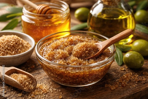 Organic lip scrub blend featuring brown sugar honey and olive oil in transparent bowl on wood surface