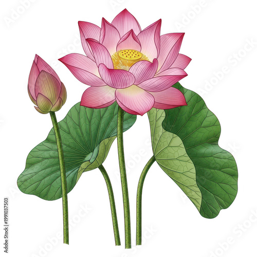 Vibrant pink lotus flower in full bloom with buds and green leaves