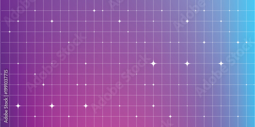 A vibrant purple and blue gradient background with white stars and grid pattern.