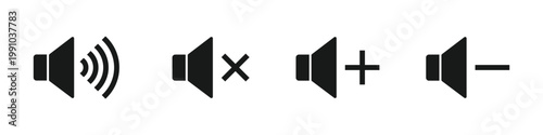 Volume control icon set with speaker and mute symbols, audio sound level vector illustration