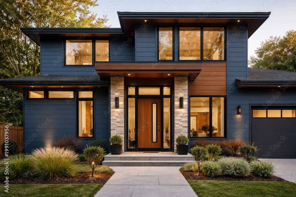 Obraz premium Modern blue house exterior with brown door and window accents created by AI