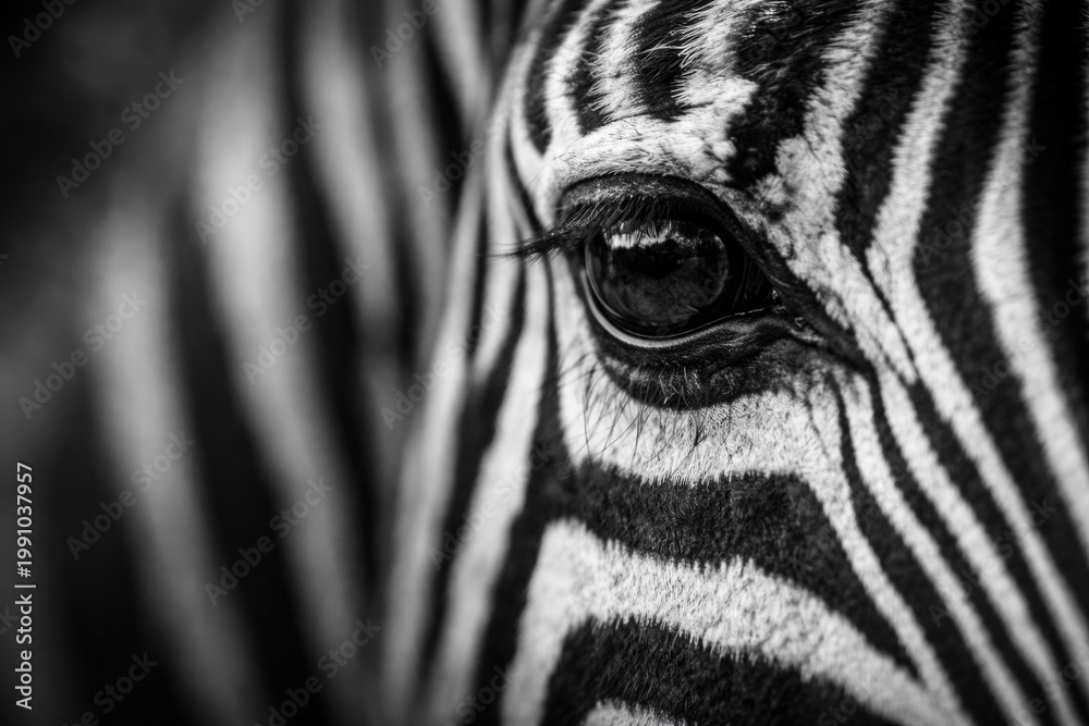 Fototapeta premium Shallow focus black and white image showing zebra eye in crisp detail